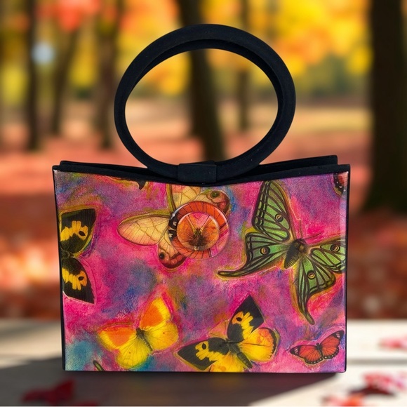 Vintage Angela Frascone Handled Satchel Bag Crossbody Shoulder Strap Butterflies - Picture 1 of 13